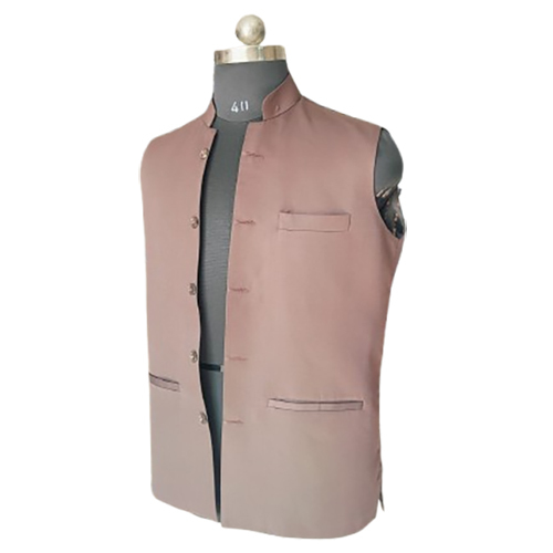 Men Peach Solid Band Collar Sleeveless Jacket