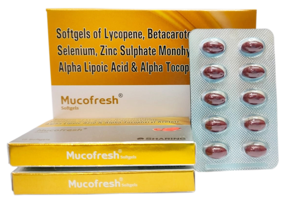 Mucofresh Softgels Capsules - Ingredients: Lycopene Usp - 5 Mg
Betacarotene Usp - 10 Mg
Selenium - 75 Mcg
Zinc Sulphate Monohydrate Ip - 27.45 Mg
Copper - 1 Mg
Alpha Lipoic Acid Usp - 50 Mg
Alpha Tocopheryl Acetate - 10 Iu