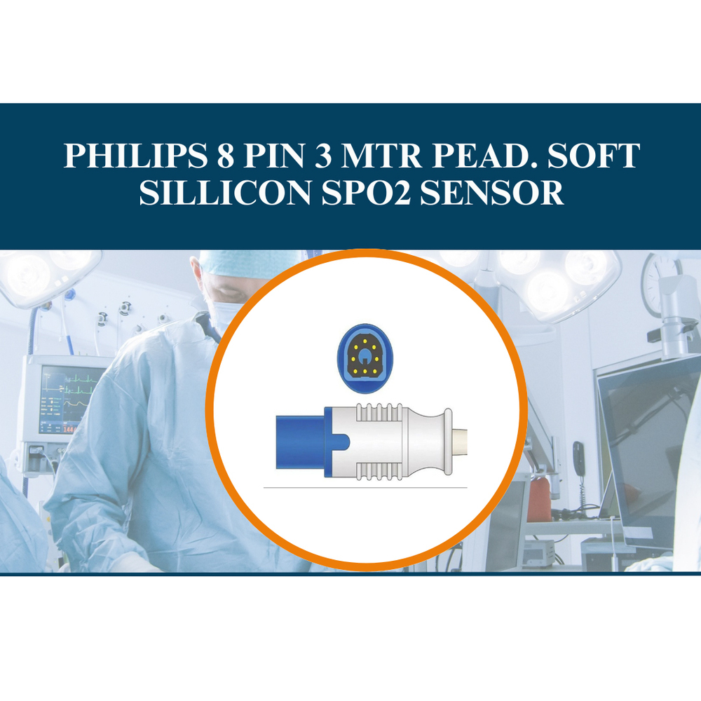 Philips 8 Pin 3 Mtr Pead Soft Silicone SpO2 Sensor - Soft Medical-Grade Silicone, 3 Meter, Light Grey/Blue | Pediatric, Wired 8 Pin, Infrared and Red LEDs, Latex-Free, Reusable