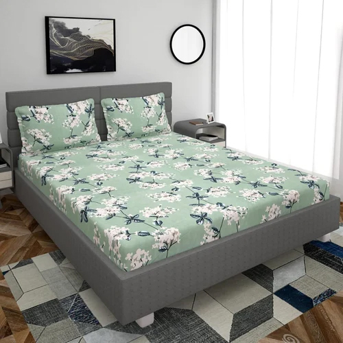 Printed Cotton Elastic Fitted Double Bed Sheet - Color: Multicolor