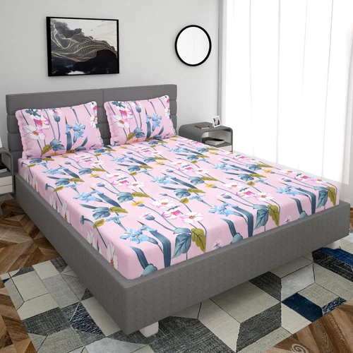 Pink Printed Cotton Queen Size Bed Sheet - Color: Multicolor