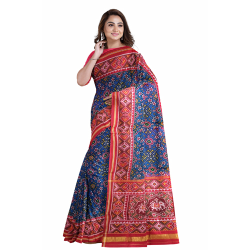 Blue With Red Ikkat Patola Saree - Color: Different Available