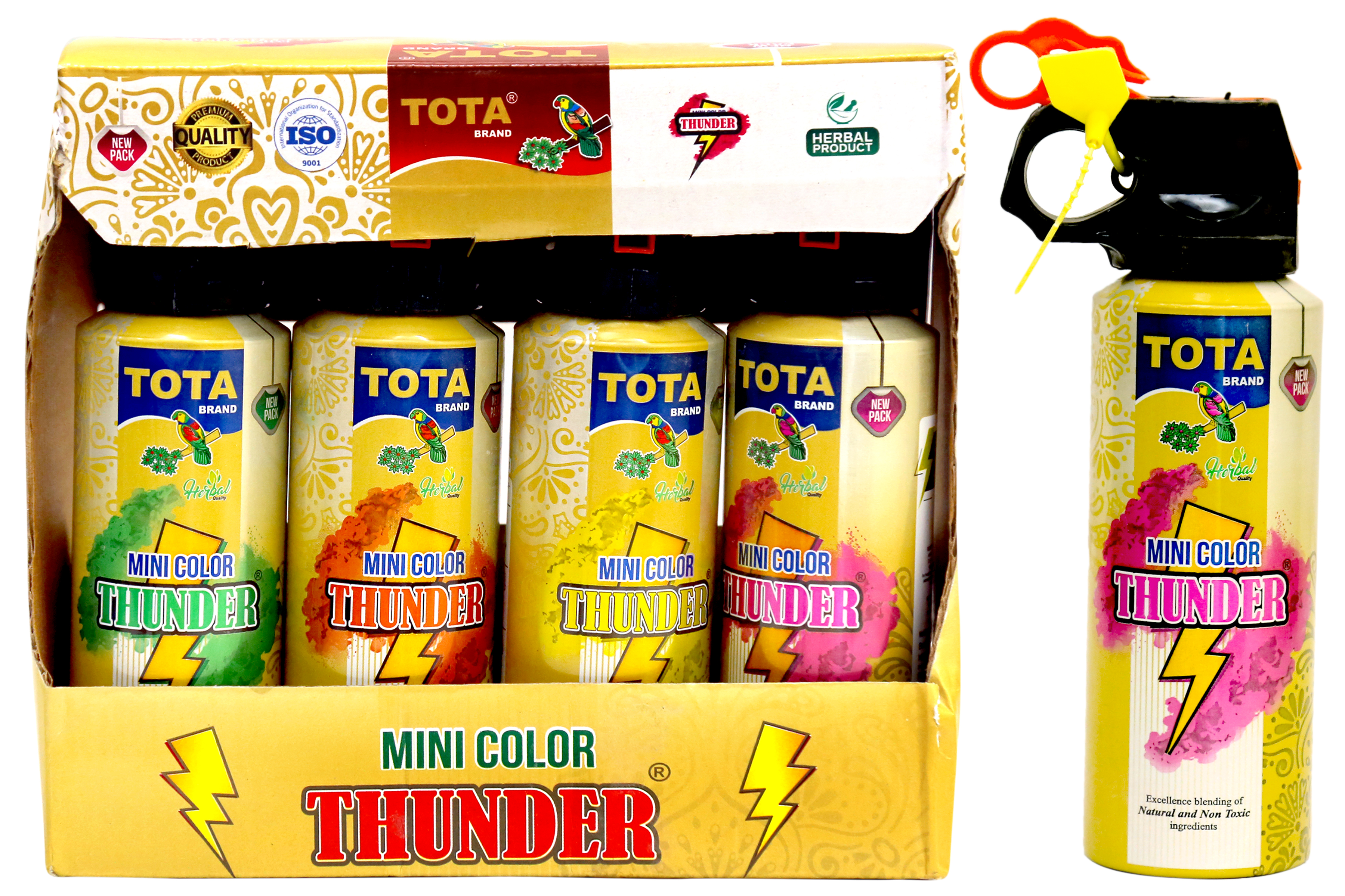 Tota Mini Thunder - Herbal Powder Colors Pack Of 4, 150ml Bottles In Bright Orange, Yellow, Red, Green | Eco-friendly, Skin-friendly, Non-toxic, Fragrant