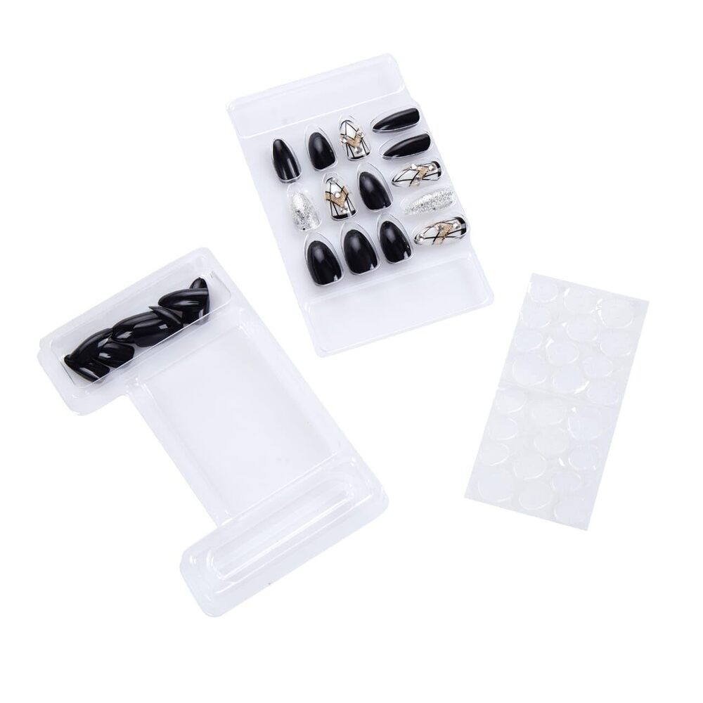 CherryBox 24 Nails Black and Silver with Diamonds Bridal False Nails Fake nails Salon Manicure Acrylic Nail Art Tps for Women Girls (Jelly Glue Adhesive Tabs)