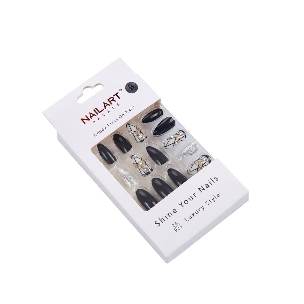 CherryBox 24 Nails Black and Silver with Diamonds Bridal False Nails Fake nails Salon Manicure Acrylic Nail Art Tps for Women Girls (Jelly Glue Adhesive Tabs)