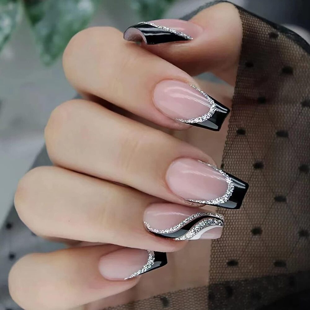 CherryBox 24 PCS Pink Press on Nails French Fake Nails Square Shaped Silver Line Black Glitter Stripe Design Full Cover Artificial Glue on Nails Set for Women Girls (Jelly Tabs and Glue Included)