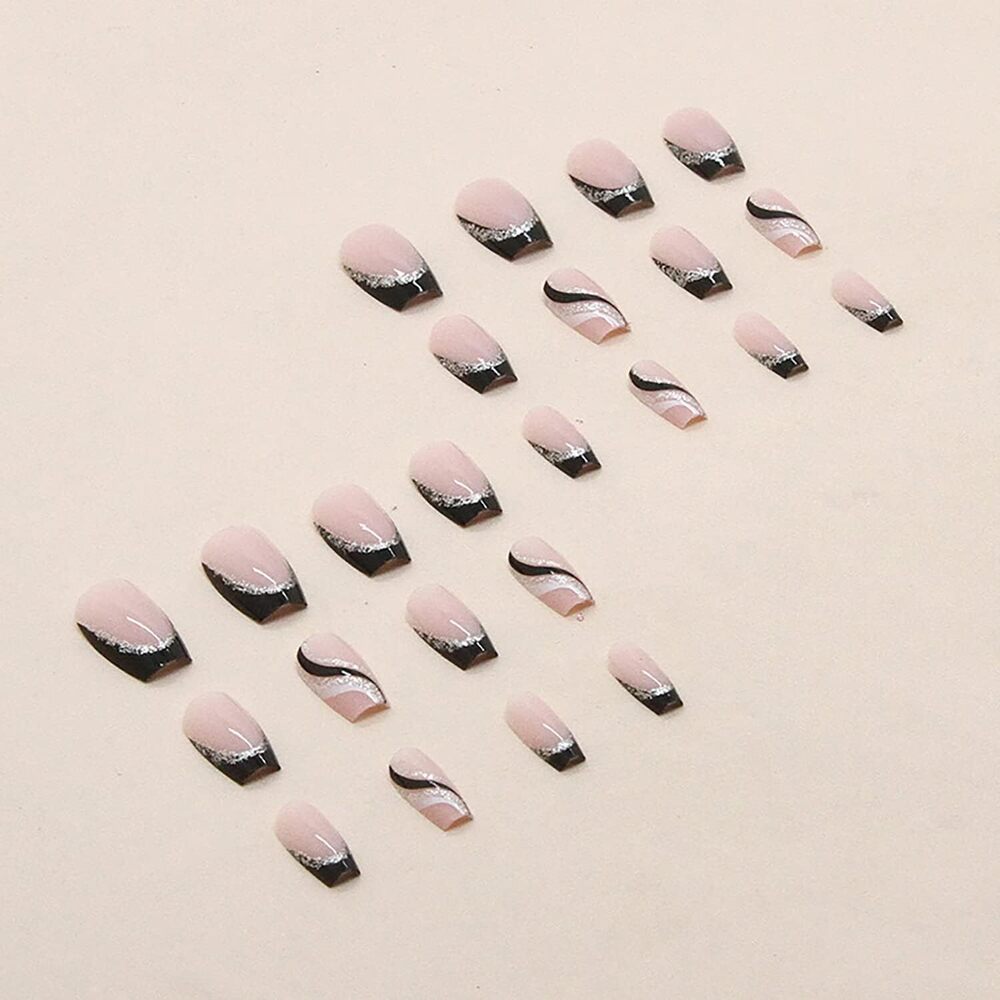 CherryBox 24 PCS Pink Press on Nails French Fake Nails Square Shaped Silver Line Black Glitter Stripe Design Full Cover Artificial Glue on Nails Set for Women Girls (Jelly Tabs and Glue Included)