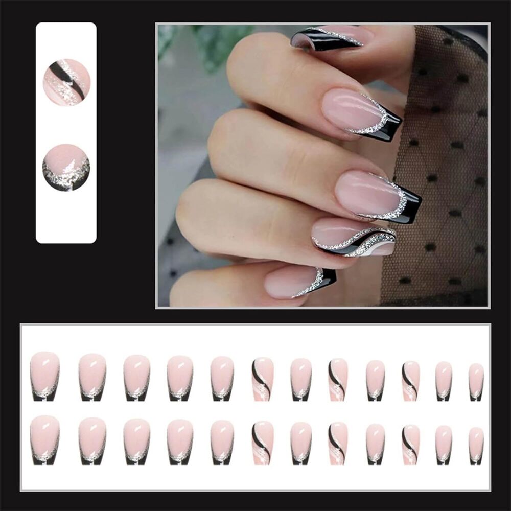 CherryBox 24 PCS Pink Press on Nails French Fake Nails Square Shaped Silver Line Black Glitter Stripe Design Full Cover Artificial Glue on Nails Set for Women Girls (Jelly Tabs and Glue Included)