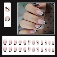 CherryBox 24 PCS Pink Press on Nails French Fake Nails Square Shaped Silver Line Black Glitter Stripe Design Full Cover Artificial Glue on Nails Set for Women Girls (Jelly Tabs and Glue Included)