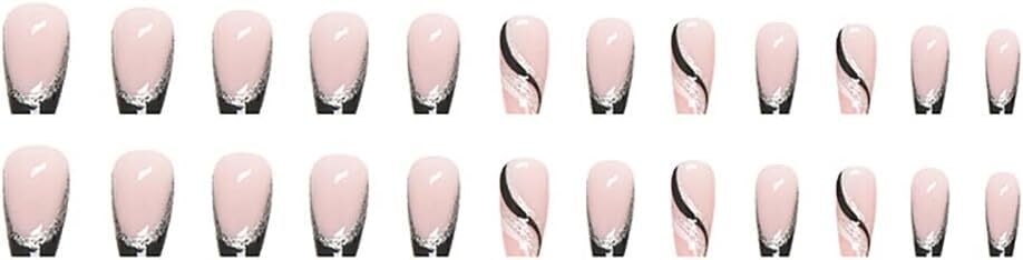 CherryBox 24 PCS Pink Press on Nails French Fake Nails Square Shaped Silver Line Black Glitter Stripe Design Full Cover Artificial Glue on Nails Set for Women Girls (Jelly Tabs and Glue Included)