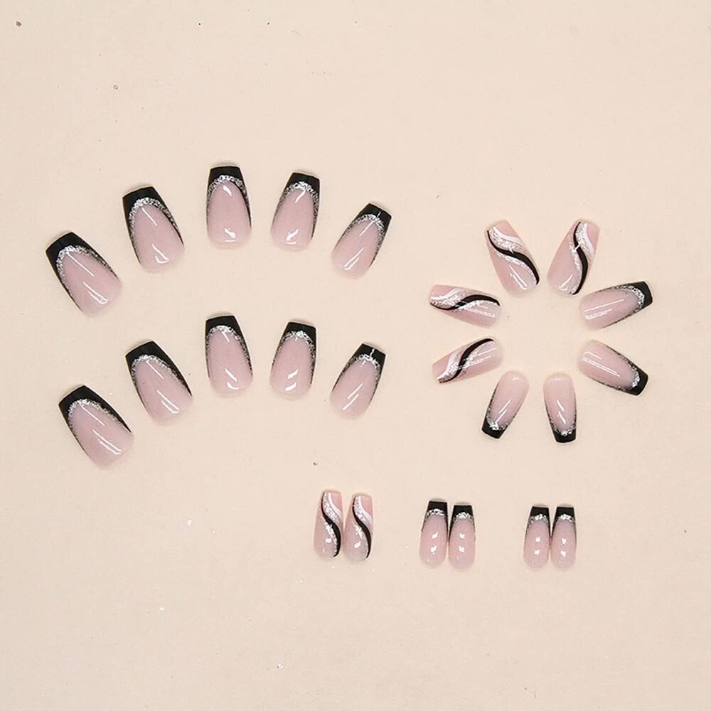 CherryBox 24 PCS Pink Press on Nails French Fake Nails Square Shaped Silver Line Black Glitter Stripe Design Full Cover Artificial Glue on Nails Set for Women Girls (Jelly Tabs and Glue Included)