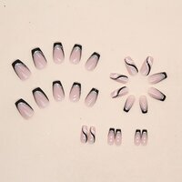 CherryBox 24 PCS Pink Press on Nails French Fake Nails Square Shaped Silver Line Black Glitter Stripe Design Full Cover Artificial Glue on Nails Set for Women Girls (Jelly Tabs and Glue Included)