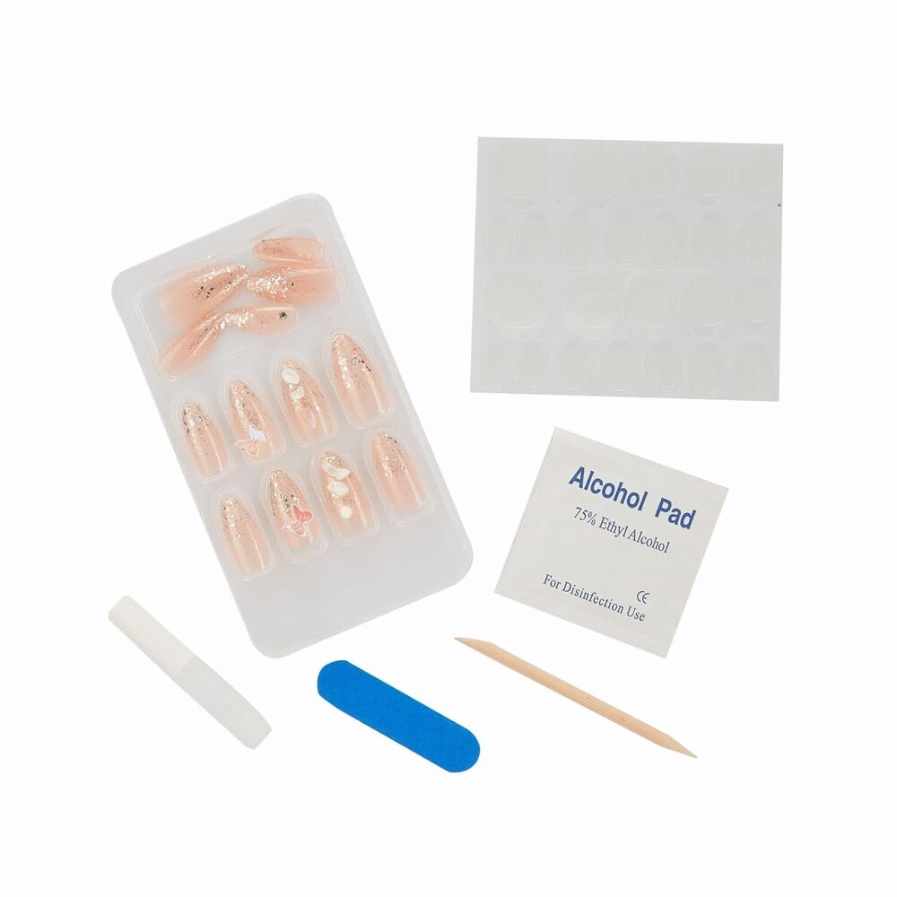 Cherrybox 24 Artificial Nails - Acrylic & Other Materials, Standard Size, Transparent Color | Solid Form With Glitter Enhance Nail Art For Women & Girls