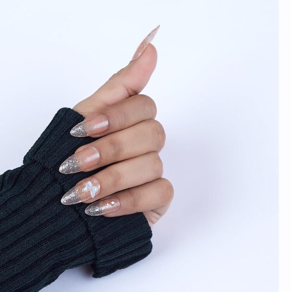 Cherrybox 24 Artificial Nails - Acrylic & Other Materials, Standard Size, Transparent Color | Solid Form With Glitter Enhance Nail Art For Women & Girls