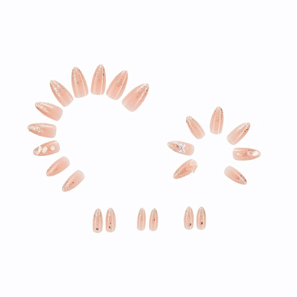 Cherrybox 24 Artificial Nails - Acrylic & Other Materials, Standard Size, Transparent Color | Solid Form With Glitter Enhance Nail Art For Women & Girls