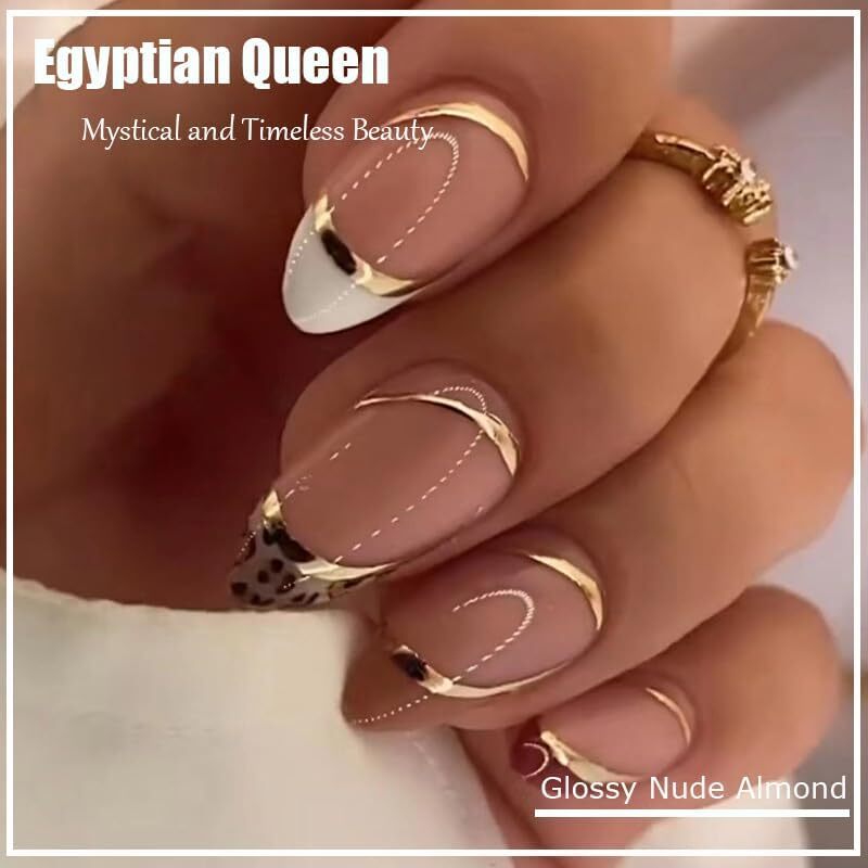 Cherrybox 24 Pcs French Tip Fake Nails Almond Press On Nails Gold Lines Designs Glossy Nails False Nails Acrylic Nails Stick On Nails For Women Art Manicure (Jelly Tabs And Glue Included) - Color Code: Transparent  & Golden