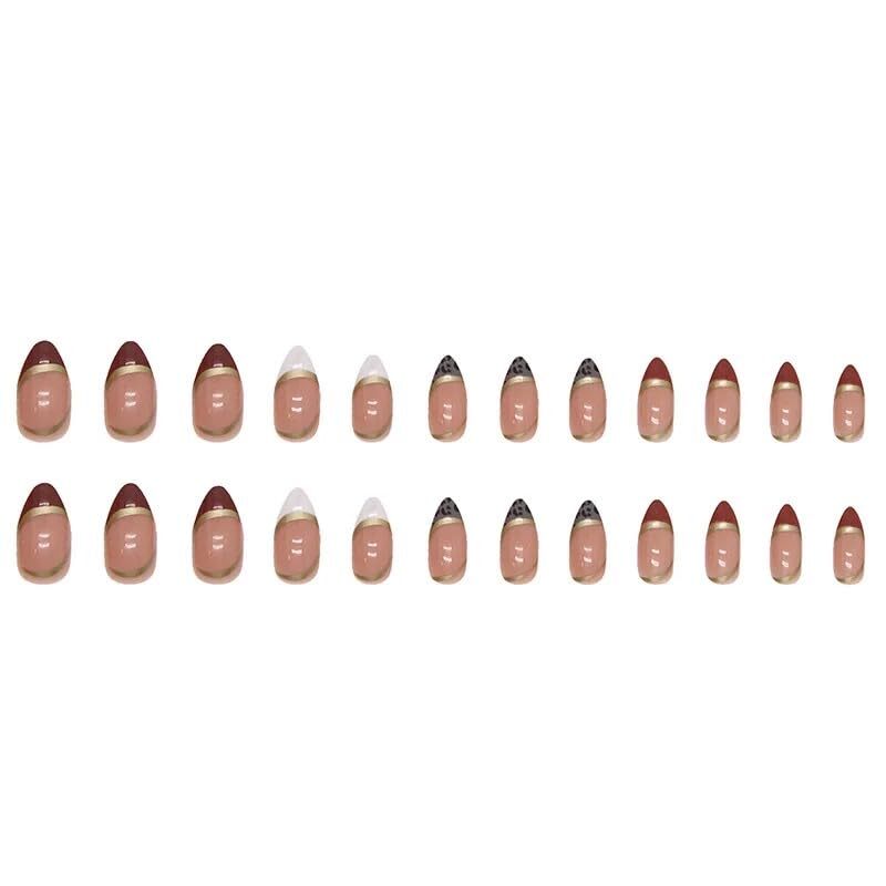 CherryBox 24 Pcs French Tip Fake Nails Almond Press on Nails Gold lines Designs Glossy Nails False Nails Acrylic Nails Stick on Nails for Women Art Manicure (Jelly Tabs and Glue Included)