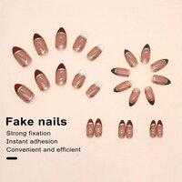 CherryBox 24 Pcs French Tip Fake Nails Almond Press on Nails Gold lines Designs Glossy Nails False Nails Acrylic Nails Stick on Nails for Women Art Manicure (Jelly Tabs and Glue Included)