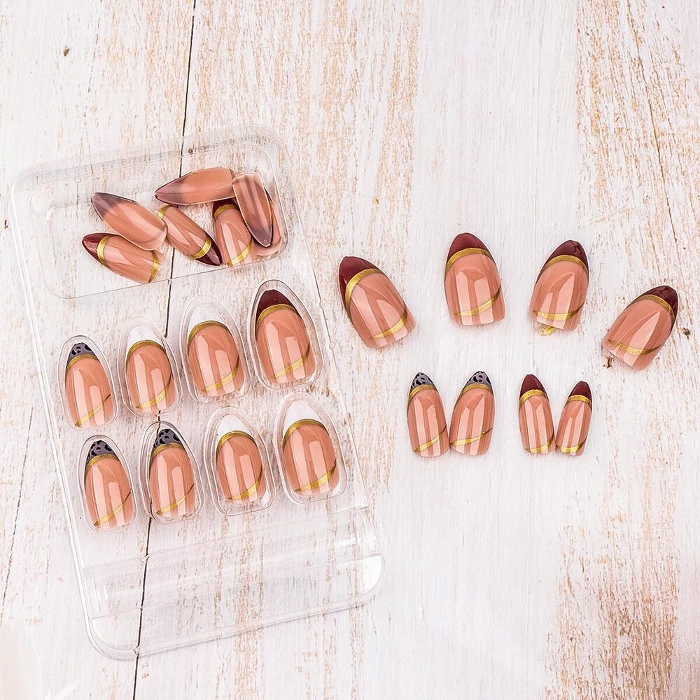 CherryBox 24 Pcs French Tip Fake Nails Almond Press on Nails Gold lines Designs Glossy Nails False Nails Acrylic Nails Stick on Nails for Women Art Manicure (Jelly Tabs and Glue Included)