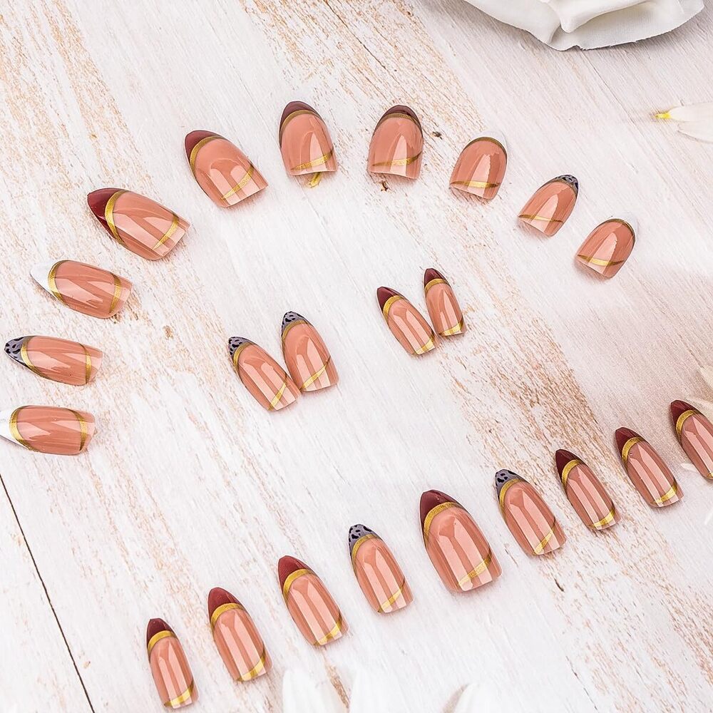 CherryBox 24 Pcs French Tip Fake Nails Almond Press on Nails Gold lines Designs Glossy Nails False Nails Acrylic Nails Stick on Nails for Women Art Manicure (Jelly Tabs and Glue Included)