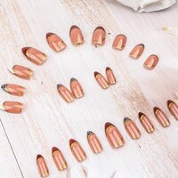 CherryBox 24 Pcs French Tip Fake Nails Almond Press on Nails Gold lines Designs Glossy Nails False Nails Acrylic Nails Stick on Nails for Women Art Manicure (Jelly Tabs and Glue Included)