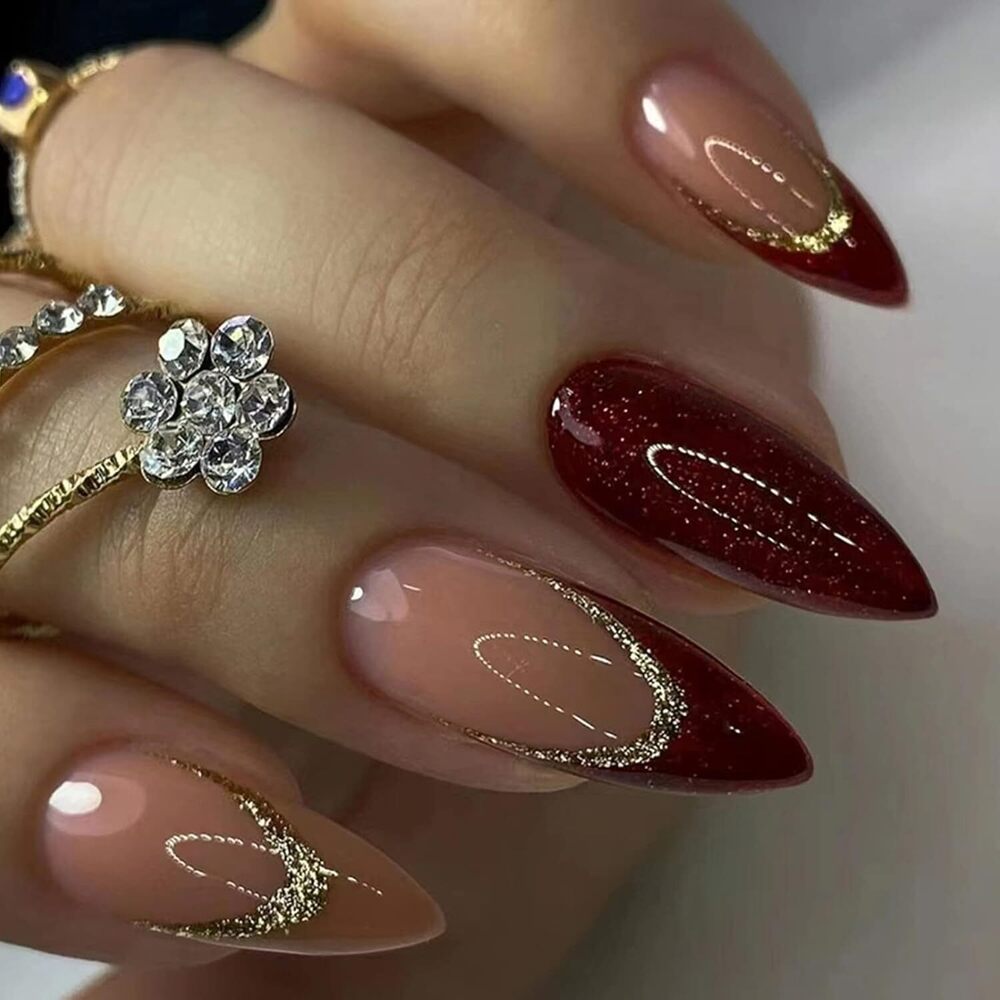 Cherrybox 24 Pcs Nails Almond, Stiletto French Tip, Red Glossy Fake Nails With Silver Glitter Design, Reusable Acrylic Stick On Nails For Women Girls (Jelly Glue Adhesive Tabs And Glue Included) - Physical Form: Solid