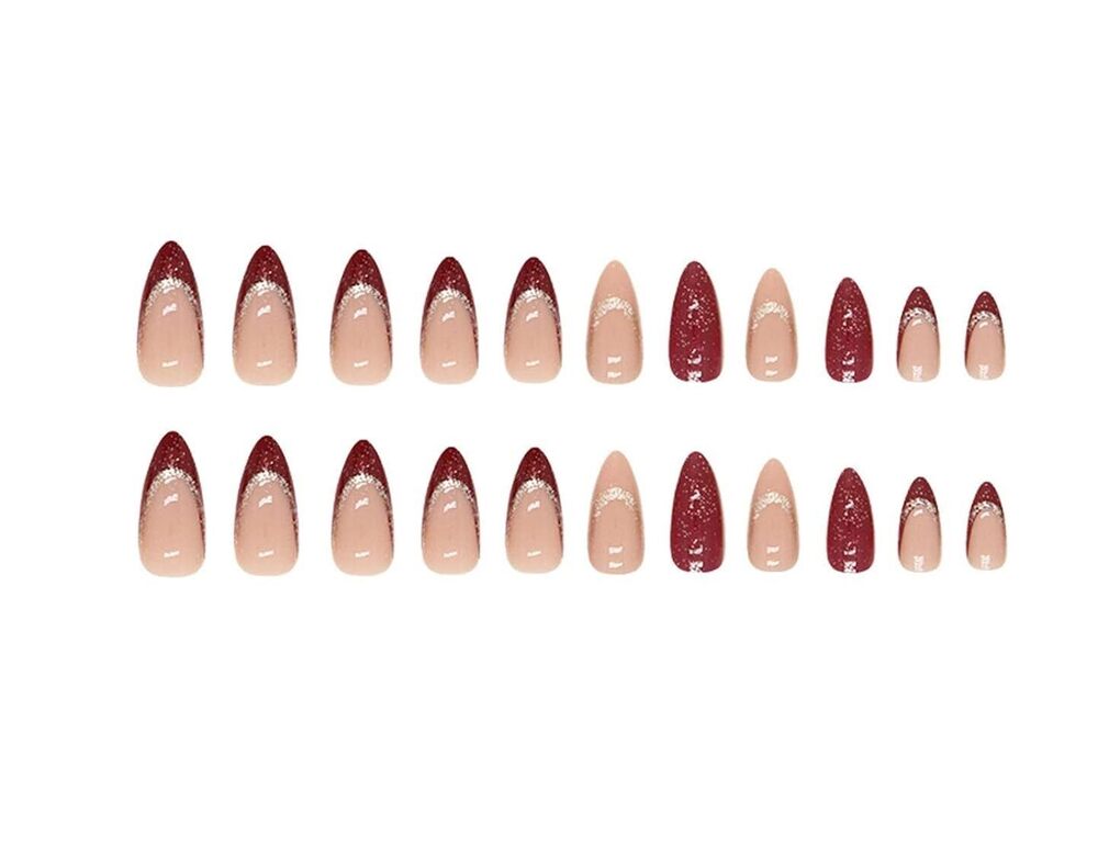 Cherrybox 24 Pcs Almond Stiletto French Tip Nails - Solid Acrylic Material, Standard Size, Red Glossy With Silver Glitter Design, Jelly Glue Adhesive Tabs Included