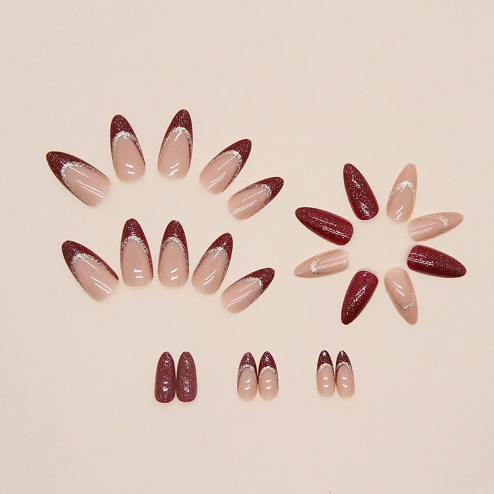 Cherrybox 24 Pcs Almond Stiletto French Tip Nails - Solid Acrylic Material, Standard Size, Red Glossy With Silver Glitter Design, Jelly Glue Adhesive Tabs Included