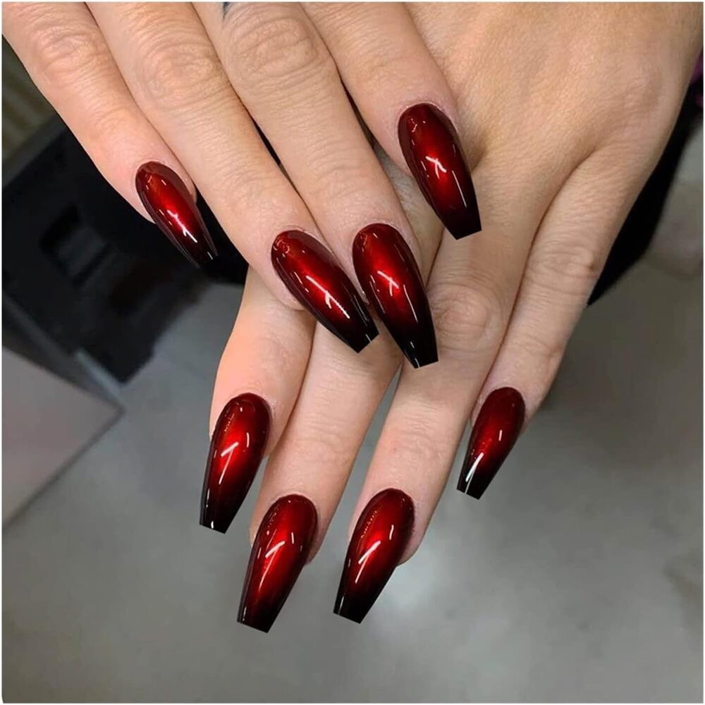 CherryBox 24 long Coffin press on nails Red Black Gradient fake nails Acrylic False Nails for Women and Girls (Jelly Glue Adhesive Tabs and Glue Included)