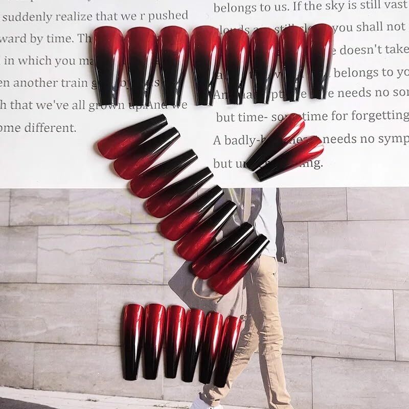 Cherrybox 24 Long Coffin Press-on Nails - Acrylic, Standard Size, Red Black Gradient | Includes Jelly Glue Adhesive Tabs And Glue, Glitter Finish