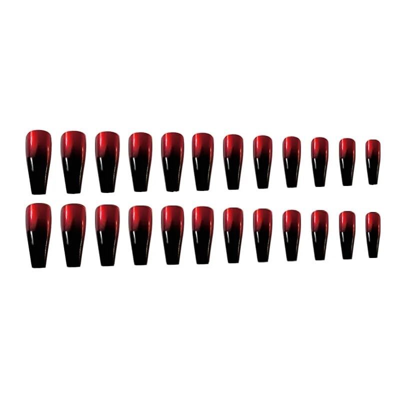 CherryBox 24 long Coffin press on nails Red Black Gradient fake nails Acrylic False Nails for Women and Girls (Jelly Glue Adhesive Tabs and Glue Included)