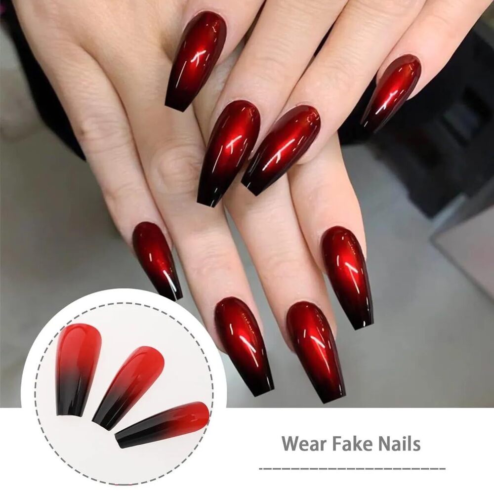 CherryBox 24 long Coffin press on nails Red Black Gradient fake nails Acrylic False Nails for Women and Girls (Jelly Glue Adhesive Tabs and Glue Included)