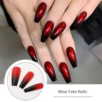 CherryBox 24 long Coffin press on nails Red Black Gradient fake nails Acrylic False Nails for Women and Girls (Jelly Glue Adhesive Tabs and Glue Included)