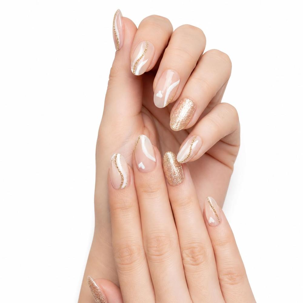 CherryBox 24Pcs Heart Print Medium French Press on Nails - Acrylic Solid Standard Size White with Wavy Gold Glitter Design | Jelly Tabs and Glue Included