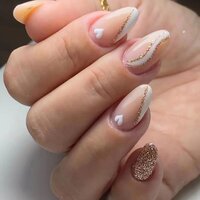 Cherrybox 24pcs Heart Print Medium French Press On Nails - Acrylic Solid, Standard Size, White With Wavy Gold Glitter Design | Jelly Tabs And Glue Included