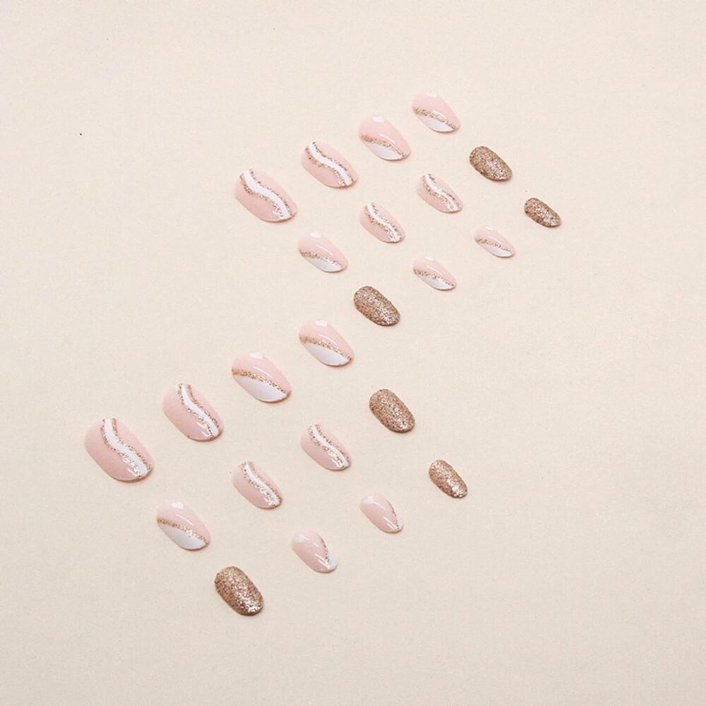 CherryBox 24Pcs Heart Print Medium French Press on Nails Almond Shaped White Edge Wavy Gold Powder Glitter Design Nails for Women Girls Nail Decorations (Jelly Tabs and Glue Included)