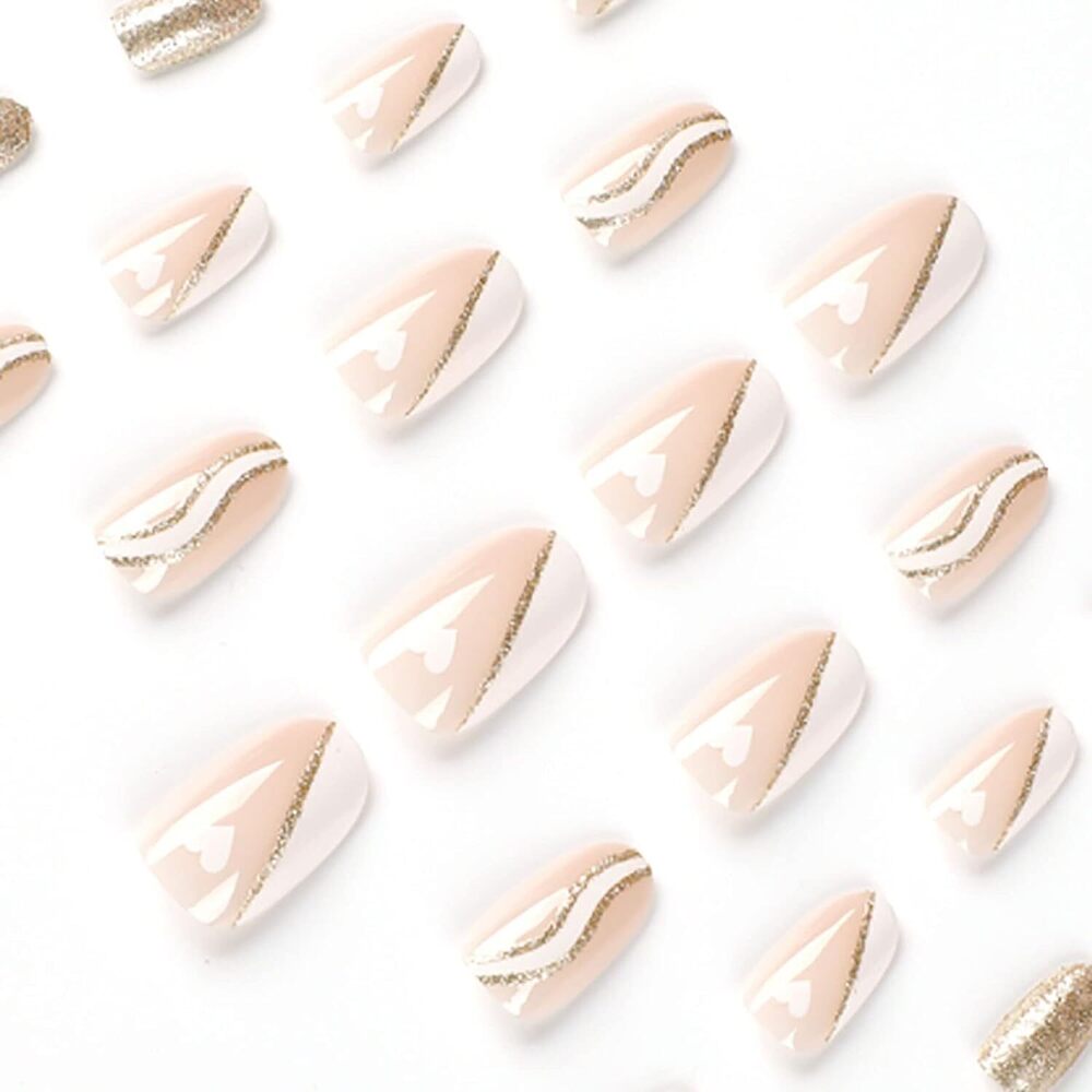 CherryBox 24Pcs Heart Print Medium French Press on Nails Almond Shaped White Edge Wavy Gold Powder Glitter Design Nails for Women Girls Nail Decorations (Jelly Tabs and Glue Included)