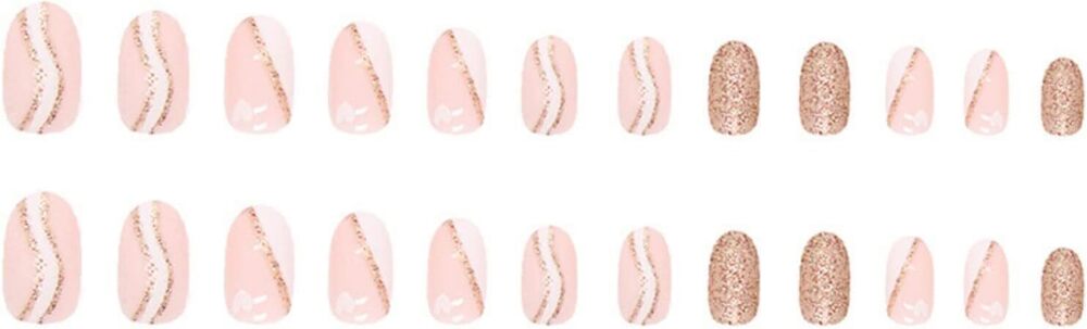 CherryBox 24Pcs Heart Print Medium French Press on Nails Almond Shaped White Edge Wavy Gold Powder Glitter Design Nails for Women Girls Nail Decorations (Jelly Tabs and Glue Included)