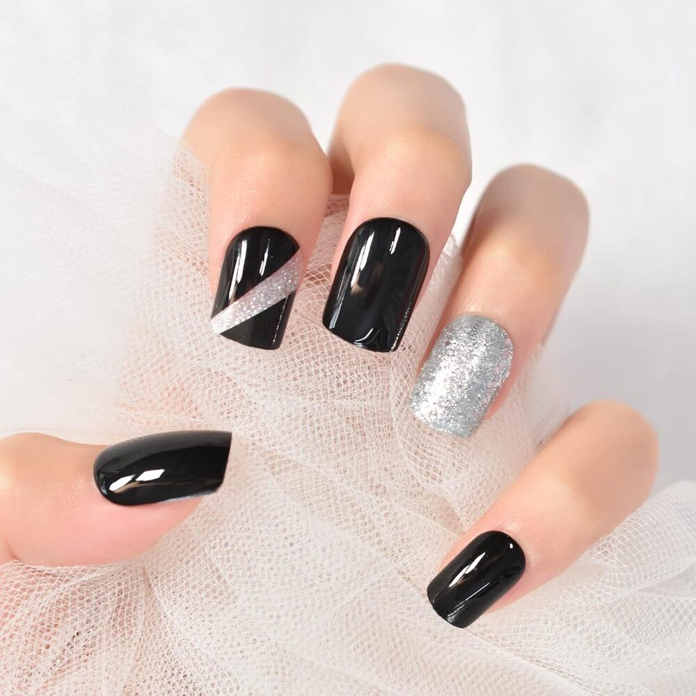 CherryBox 24 Nails Glossy Black Daily False Nails with Silver Glitter Short Squoval Fake Fingernails Salon Manicure Acrylic Nail Art Tps for Women Girls (Jelly Glue Adhesive Tabs and Glue Included)