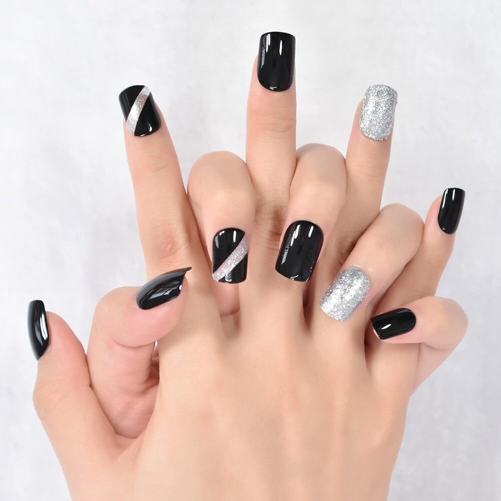 CherryBox 24 Nails Glossy Black Daily False Nails with Silver Glitter Short Squoval Fake Fingernails Salon Manicure Acrylic Nail Art Tps for Women Girls (Jelly Glue Adhesive Tabs and Glue Included)