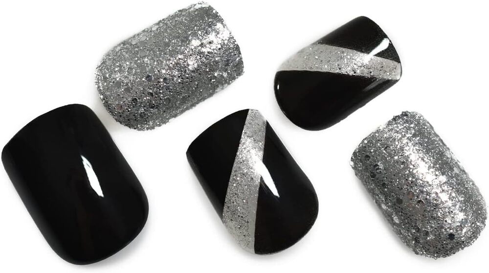 CherryBox 24 Nails Glossy Black Daily False Nails with Silver Glitter Short Squoval Fake Fingernails Salon Manicure Acrylic Nail Art Tps for Women Girls (Jelly Glue Adhesive Tabs and Glue Included)