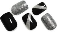 CherryBox 24 Nails Glossy Black Daily False Nails with Silver Glitter Short Squoval Fake Fingernails Salon Manicure Acrylic Nail Art Tps for Women Girls (Jelly Glue Adhesive Tabs and Glue Included)