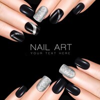 CherryBox 24 Nails Glossy Black Daily False Nails with Silver Glitter Short Squoval Fake Fingernails Salon Manicure Acrylic Nail Art Tps for Women Girls (Jelly Glue Adhesive Tabs and Glue Included)