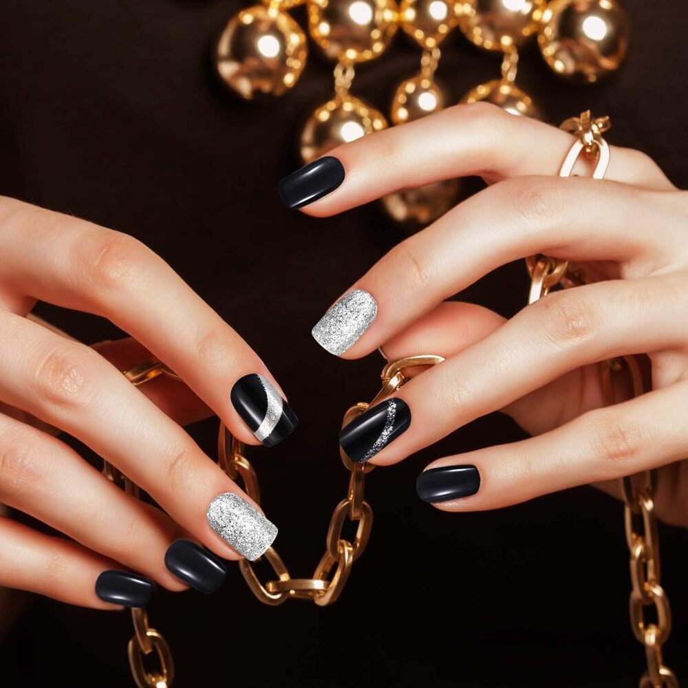 CherryBox 24 Nails Glossy Black Daily False Nails with Silver Glitter Short Squoval Fake Fingernails Salon Manicure Acrylic Nail Art Tps for Women Girls (Jelly Glue Adhesive Tabs and Glue Included)