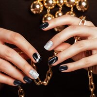 CherryBox 24 Nails Glossy Black Daily False Nails with Silver Glitter Short Squoval Fake Fingernails Salon Manicure Acrylic Nail Art Tps for Women Girls (Jelly Glue Adhesive Tabs and Glue Included)