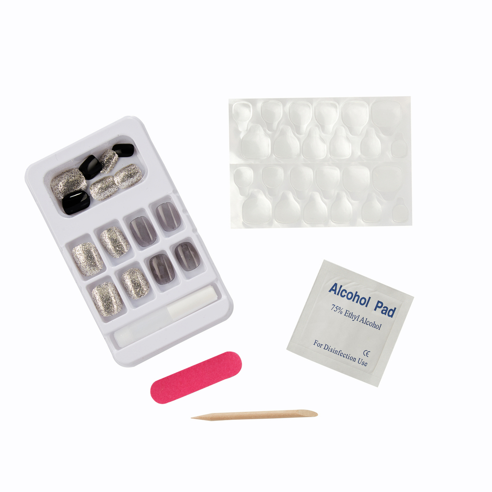 CherryBox 24 Nails Glossy Black Daily False Nails with Silver Glitter Short Squoval Fake Fingernails Salon Manicure Acrylic Nail Art Tps for Women Girls (Jelly Glue Adhesive Tabs and Glue Included).