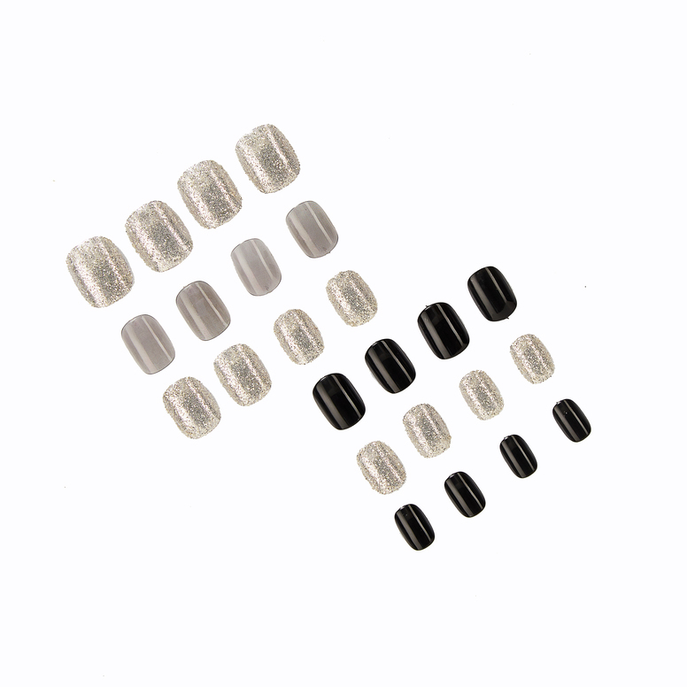 CherryBox 24 Nails Glossy Black Daily False Nails with Silver Glitter Short Squoval Fake Fingernails Salon Manicure Acrylic Nail Art Tps for Women Girls (Jelly Glue Adhesive Tabs and Glue Included).