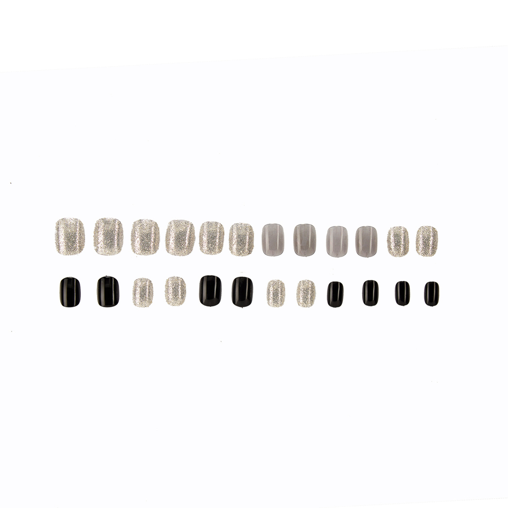 CherryBox 24 Nails Glossy Black Daily False Nails with Silver Glitter Short Squoval Fake Fingernails Salon Manicure Acrylic Nail Art Tps for Women Girls (Jelly Glue Adhesive Tabs and Glue Included).