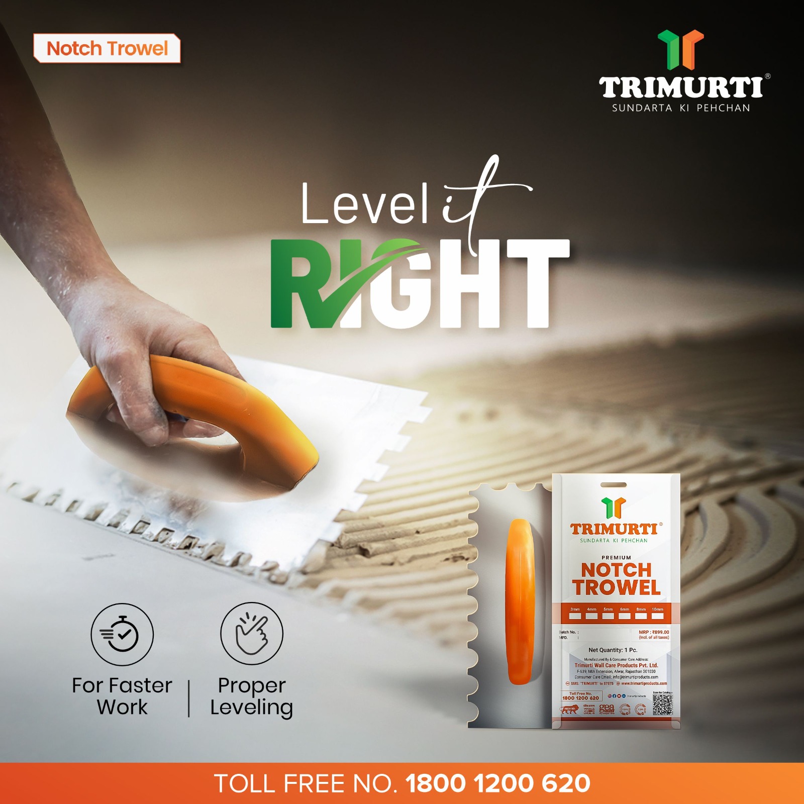 Trimurti 10mm Notch Trowel - Application: For Tile And Stone Fixing