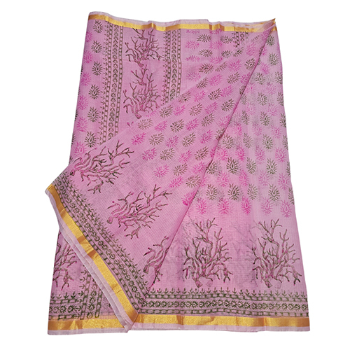 Ladies Kota Doria Saree With Hand Block Printed Design